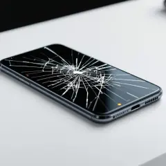 Telefon z pękniętym ekranem leżący na białej powierzchni.